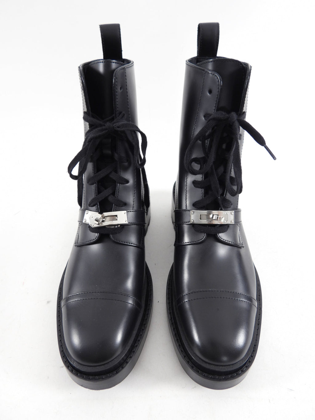 Hermes Black Glossed Leather Lace Up Funk Ankle Boot - USA 7
