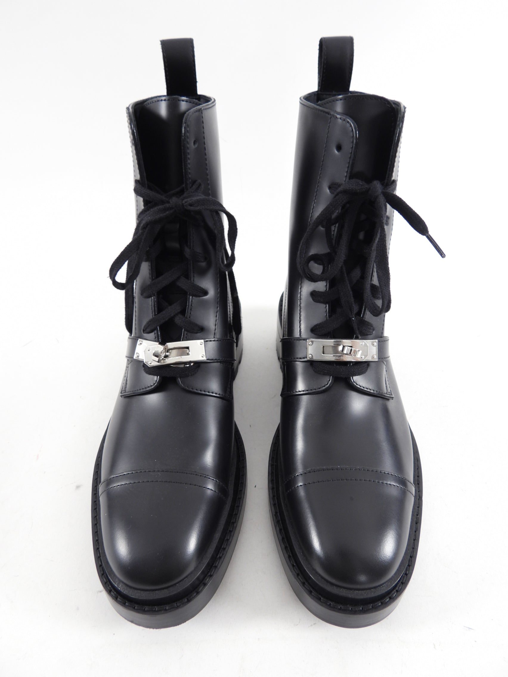 Hermes Black Glossed Leather Lace Up Funk Ankle Boot - USA 7
