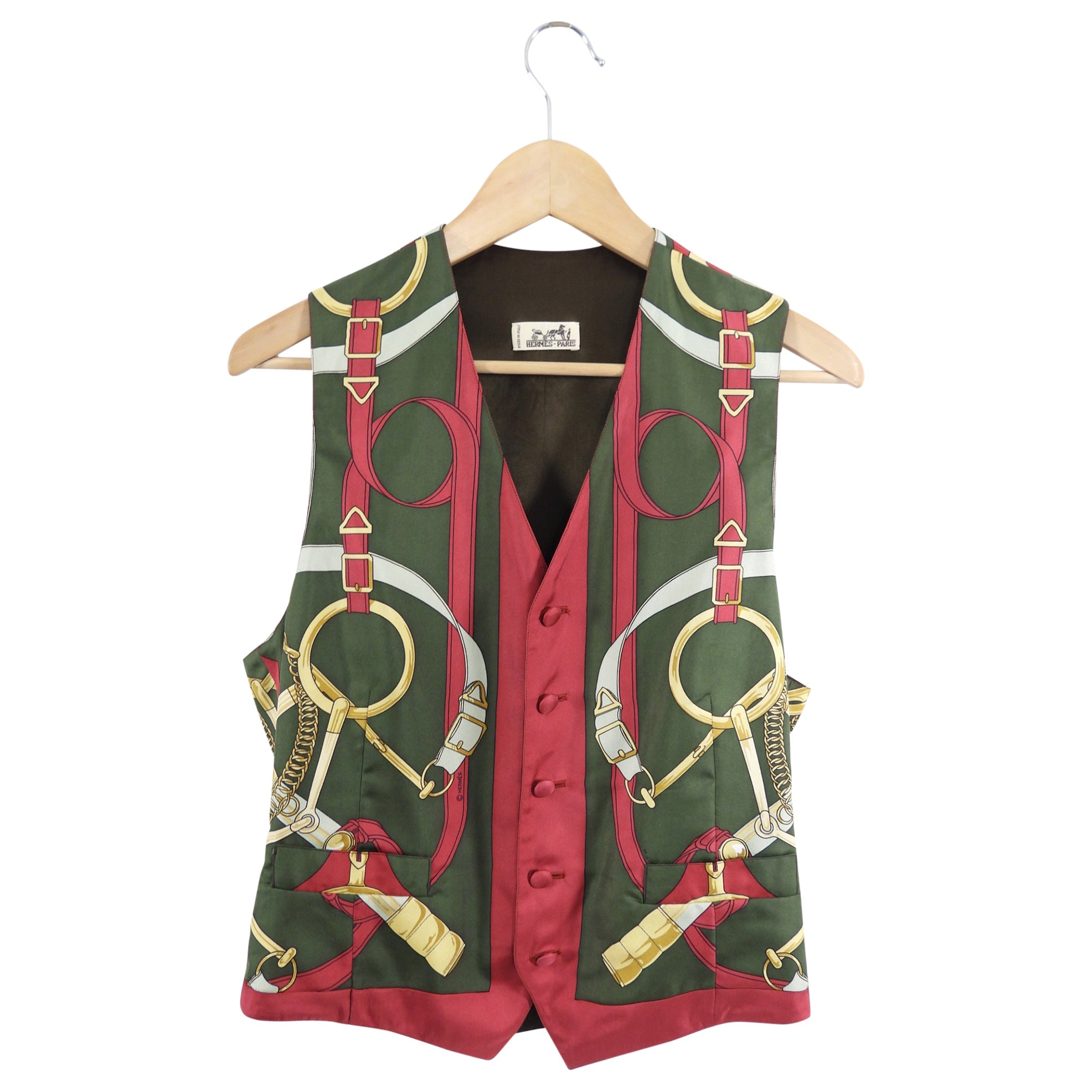 Hermes Dark Green and Red Eperon D'or Vintage Silk Scarf Print Vest