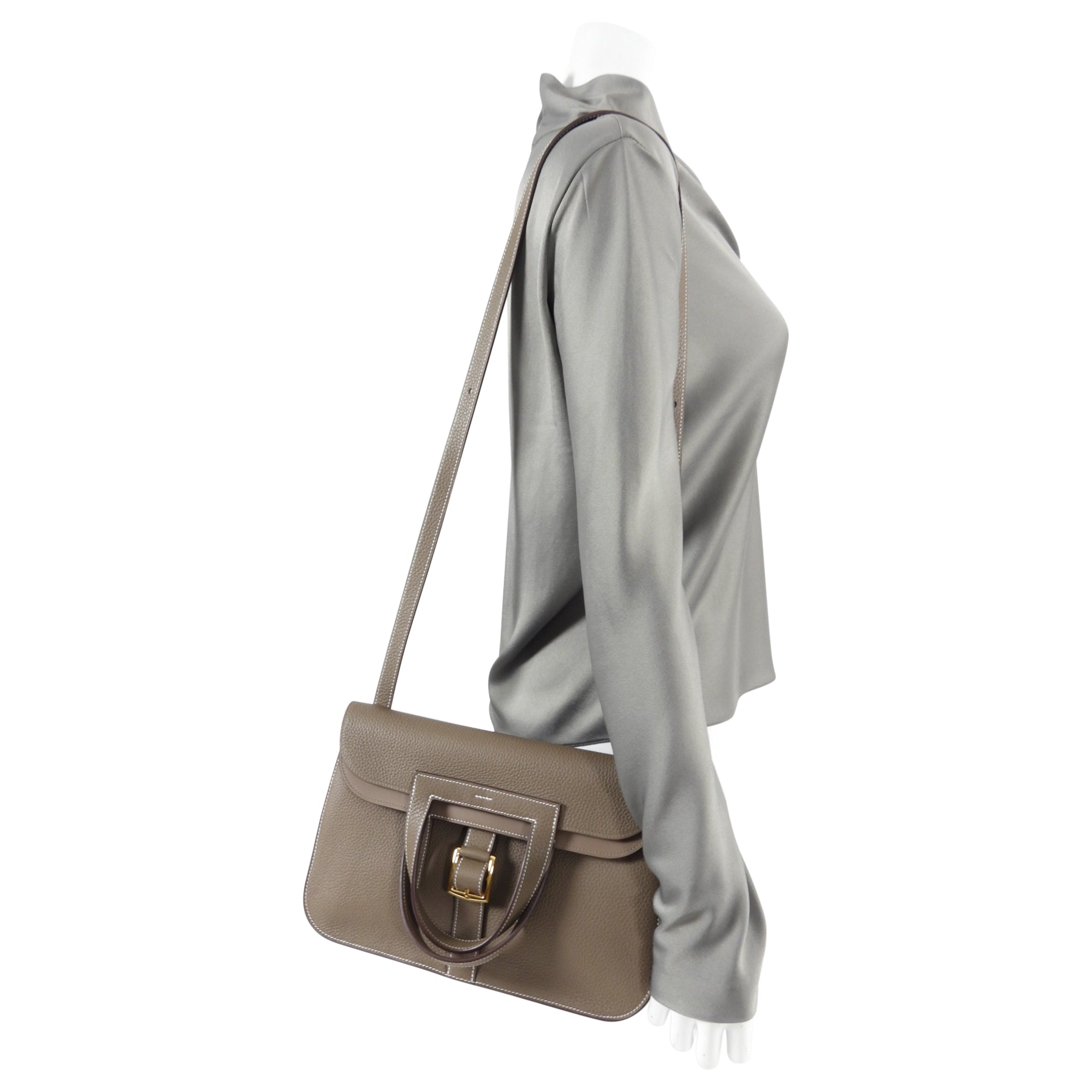 Hermes Halzan 31 Etoupe GM Taurillon Clemence GHW
