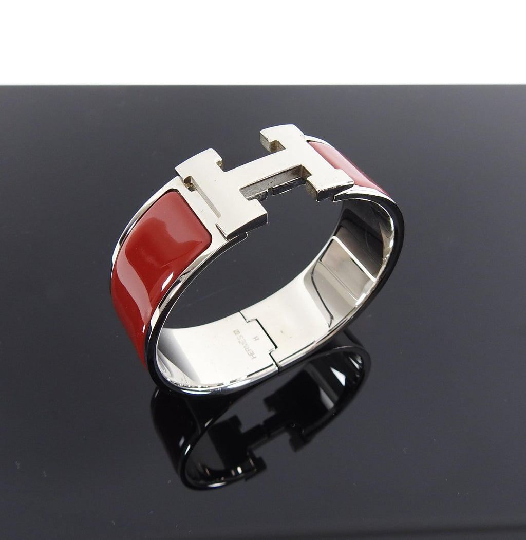 Hermes Red and Silver Clic Clack H Bangle Bracelet
