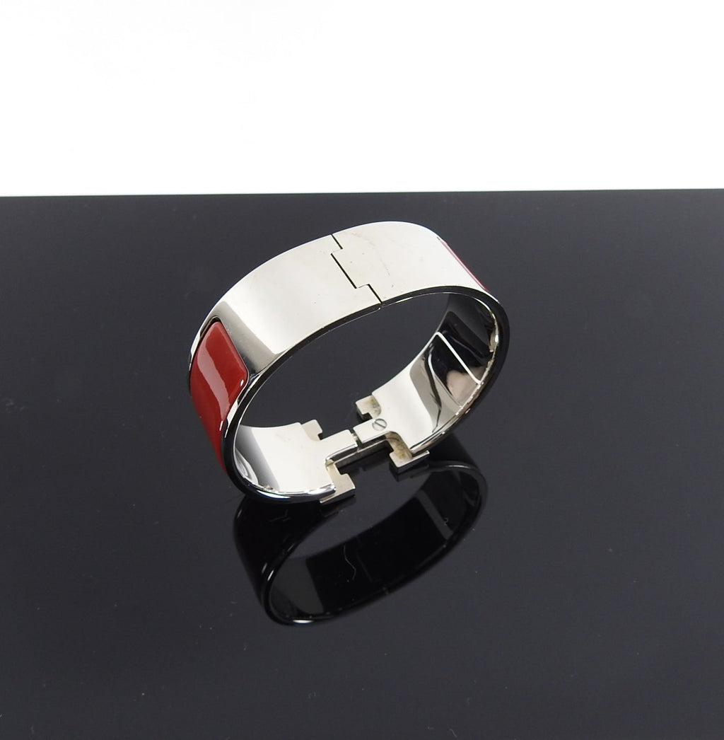 Hermes Red and Silver Clic Clack H Bangle Bracelet