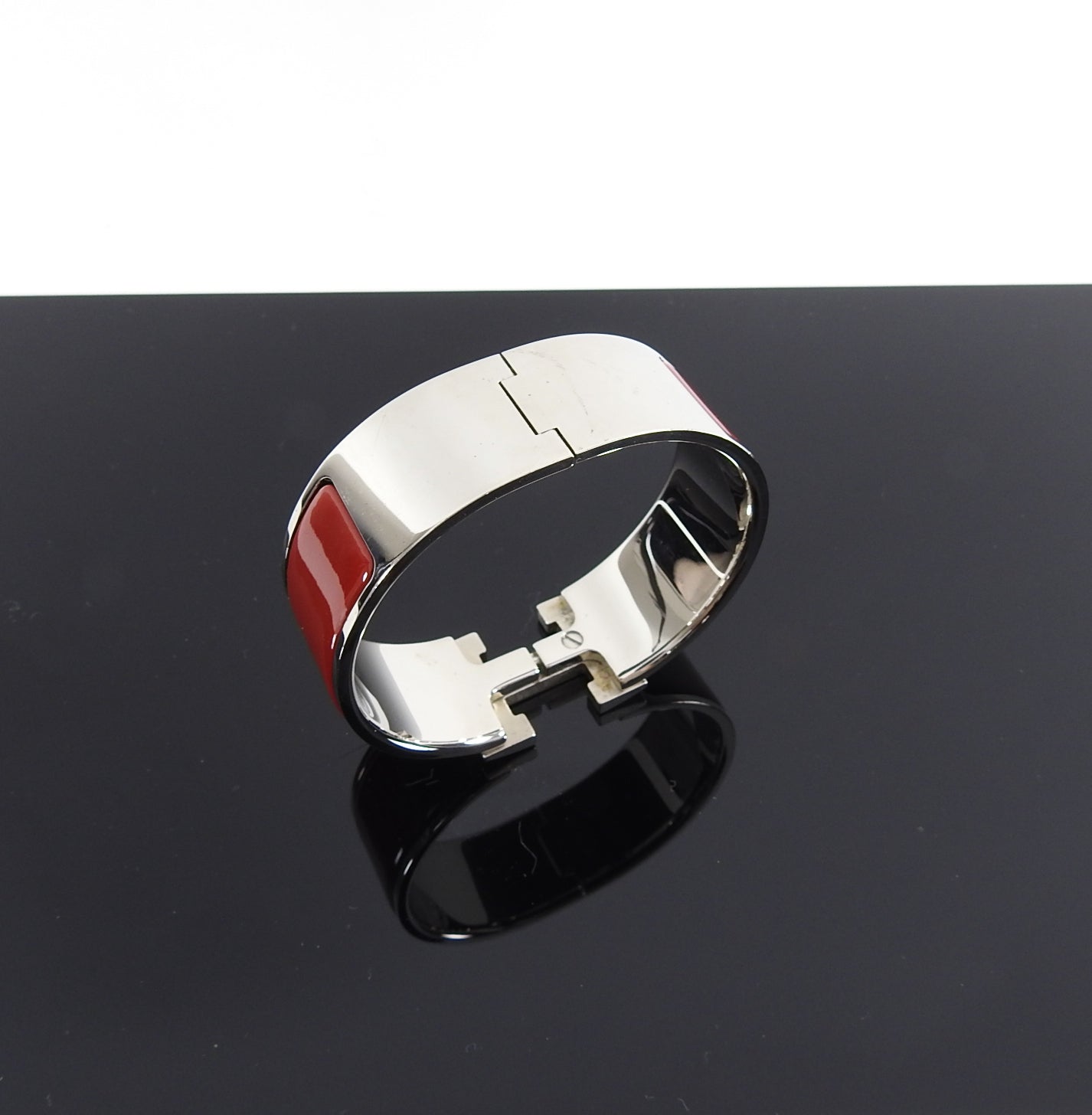 Hermes Red and Silver Clic Clack H Bangle Bracelet