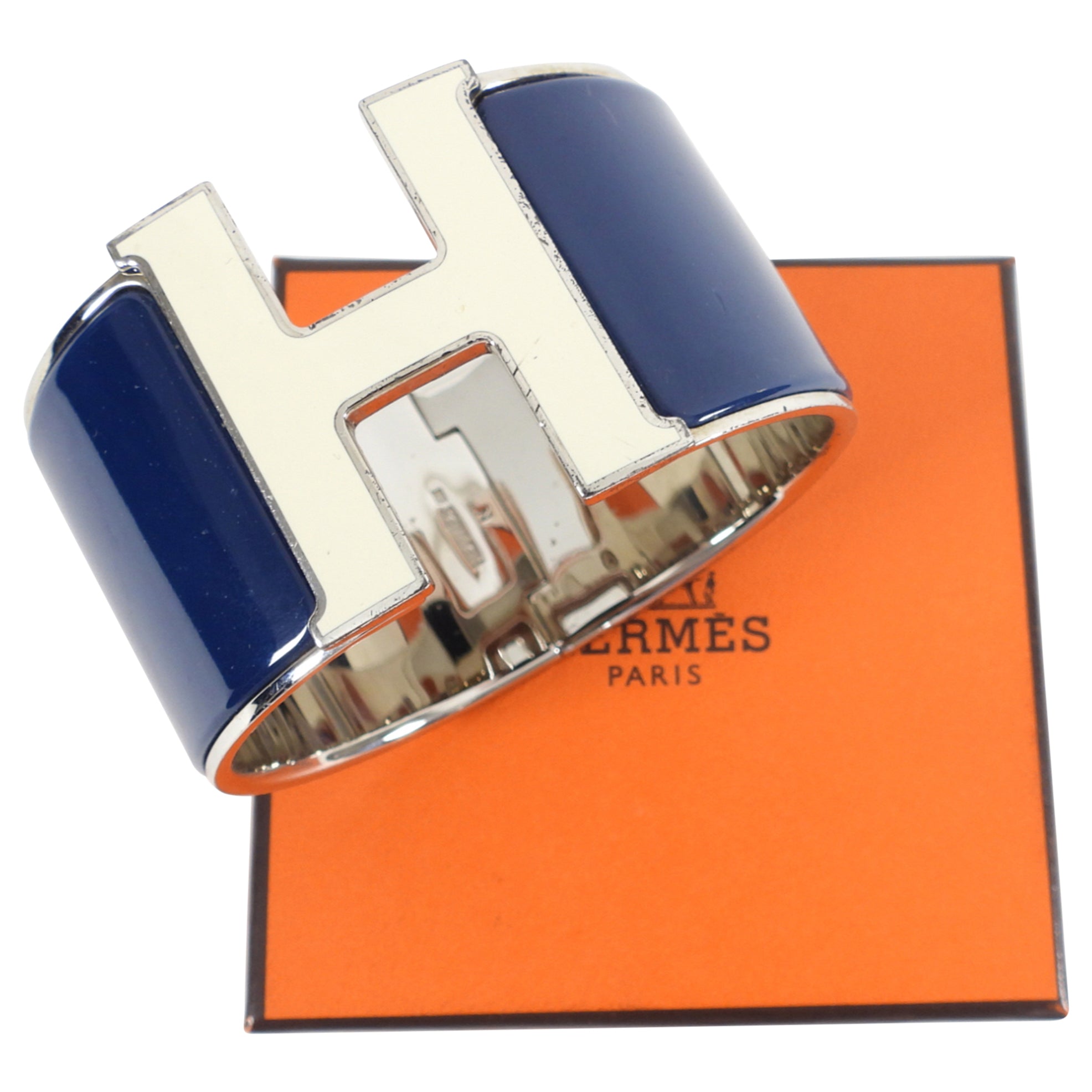 Hermes Navy and Ivory Enamel XL H Cuff Bracelet