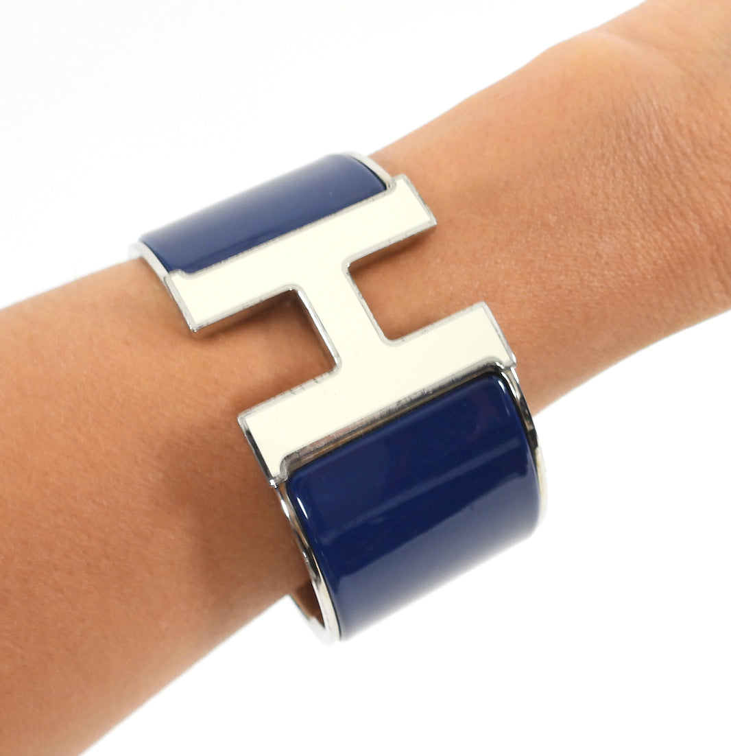 Hermes Navy and Ivory Enamel XL H Cuff Bracelet