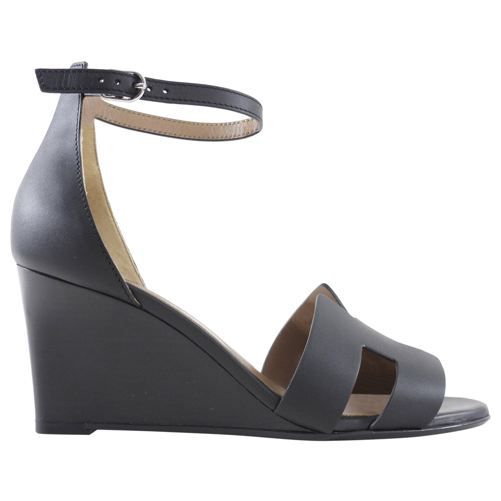 Hermes Black Leather H Legend Wedge Ankle Strap Sandals - 38
