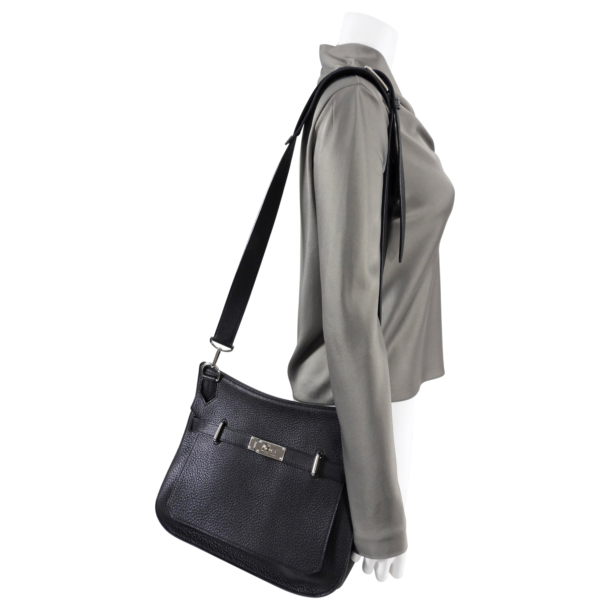 Hermes Jypsiere 34 Black PHW Clemence Shoulder Bag