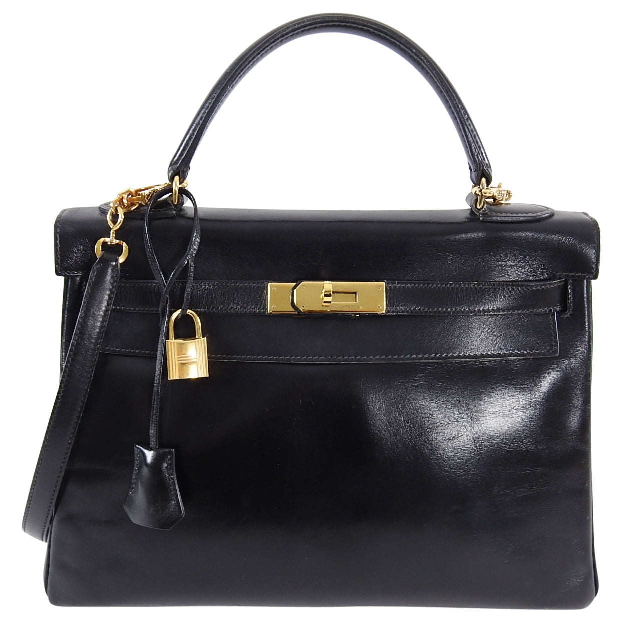 Hermes Vintage 1986 Kelly Retourne 32 Black Box Calf Leather Bag GHW