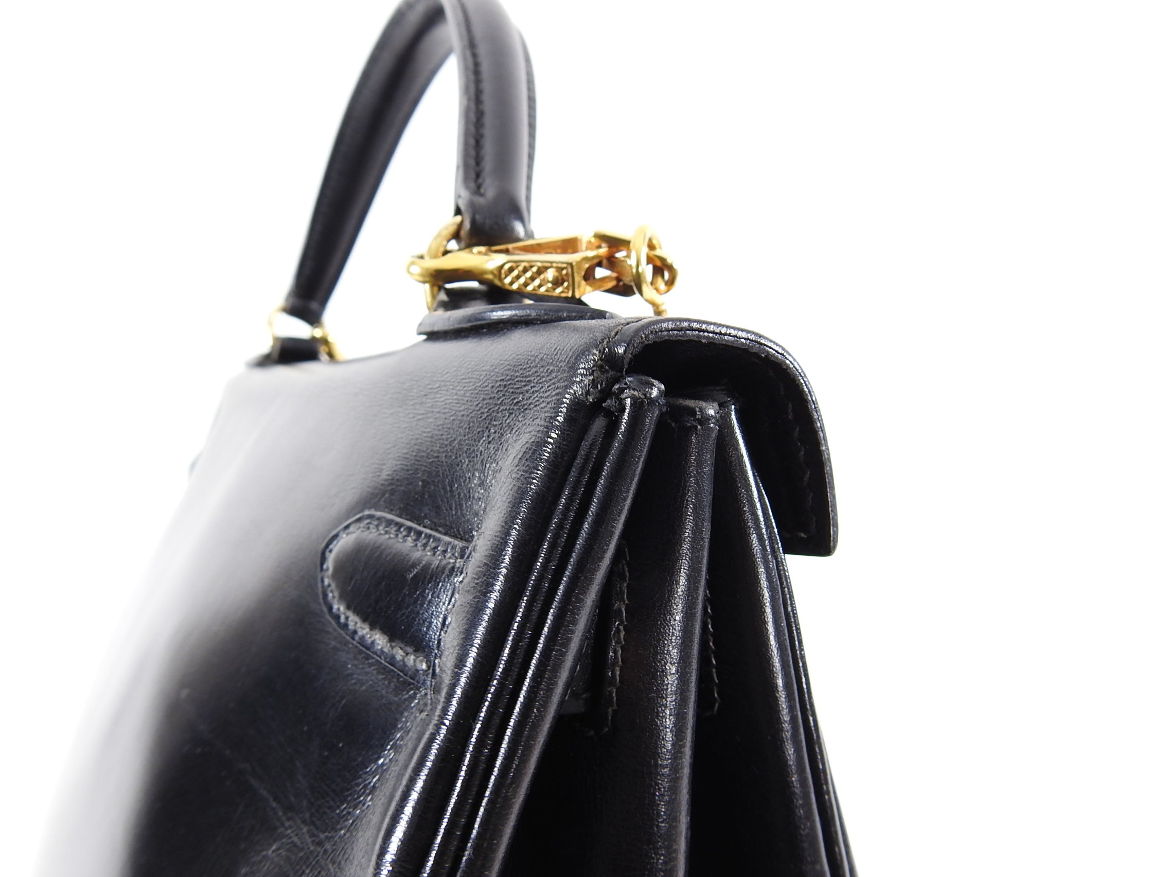Hermes Vintage 1986 Kelly Retourne 32 Black Box Calf Leather Bag GHW