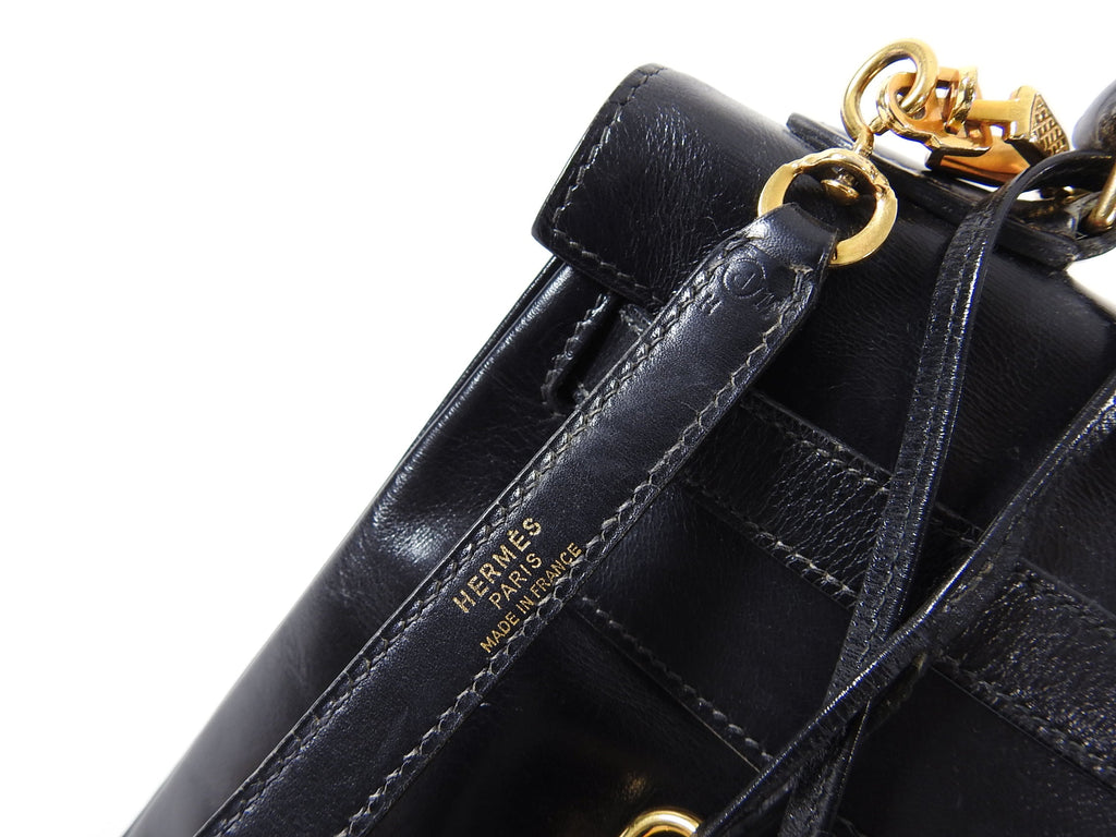 Hermes Vintage 1986 Kelly Retourne 32 Black Box Calf Leather Bag GHW