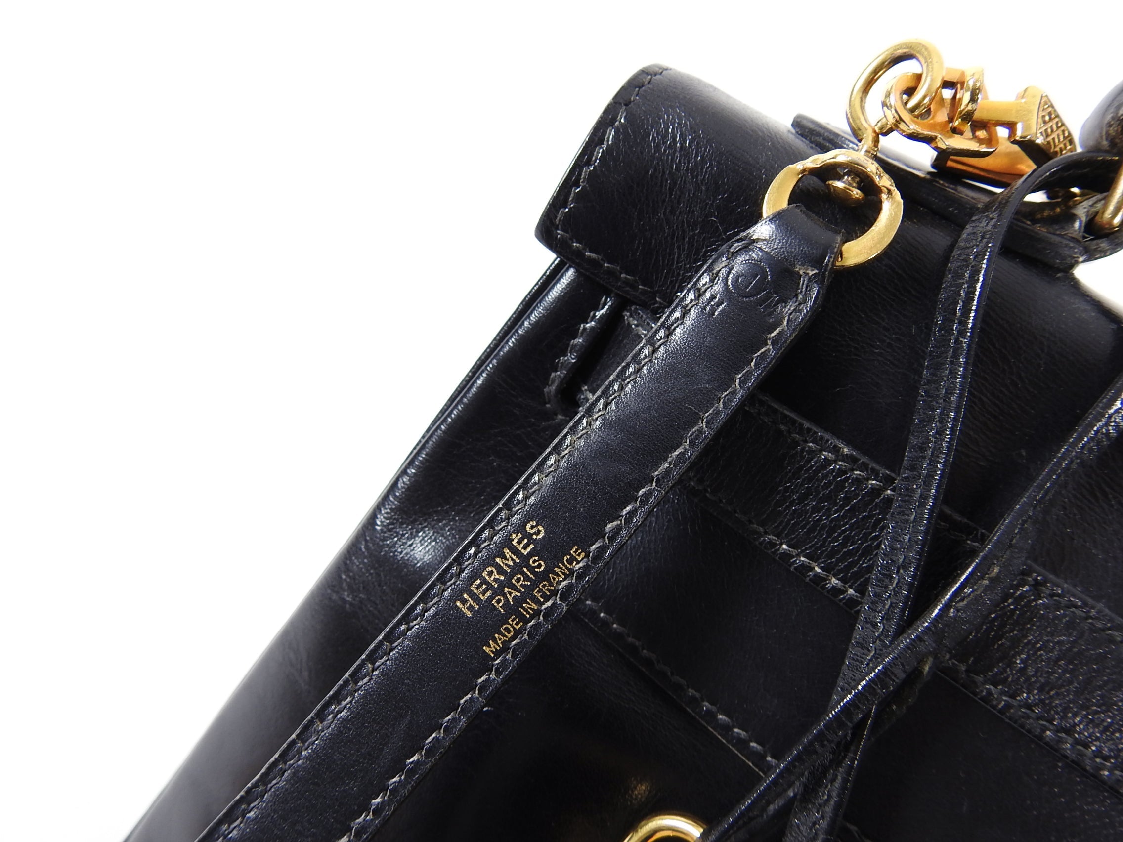 Hermes Vintage 1986 Kelly Retourne 32 Black Box Calf Leather Bag GHW