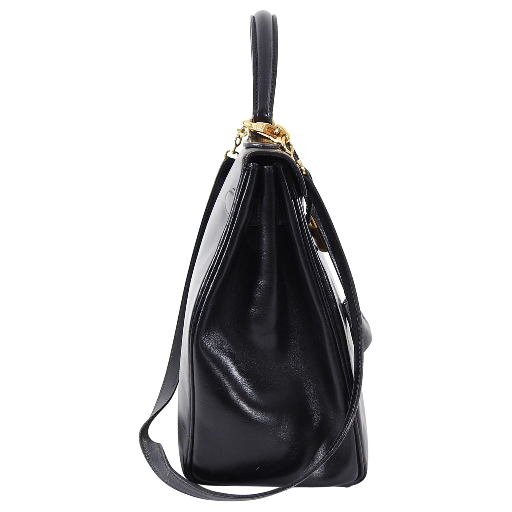 Hermes Vintage 1986 Kelly Retourne 32 Black Box Calf Leather Bag GHW