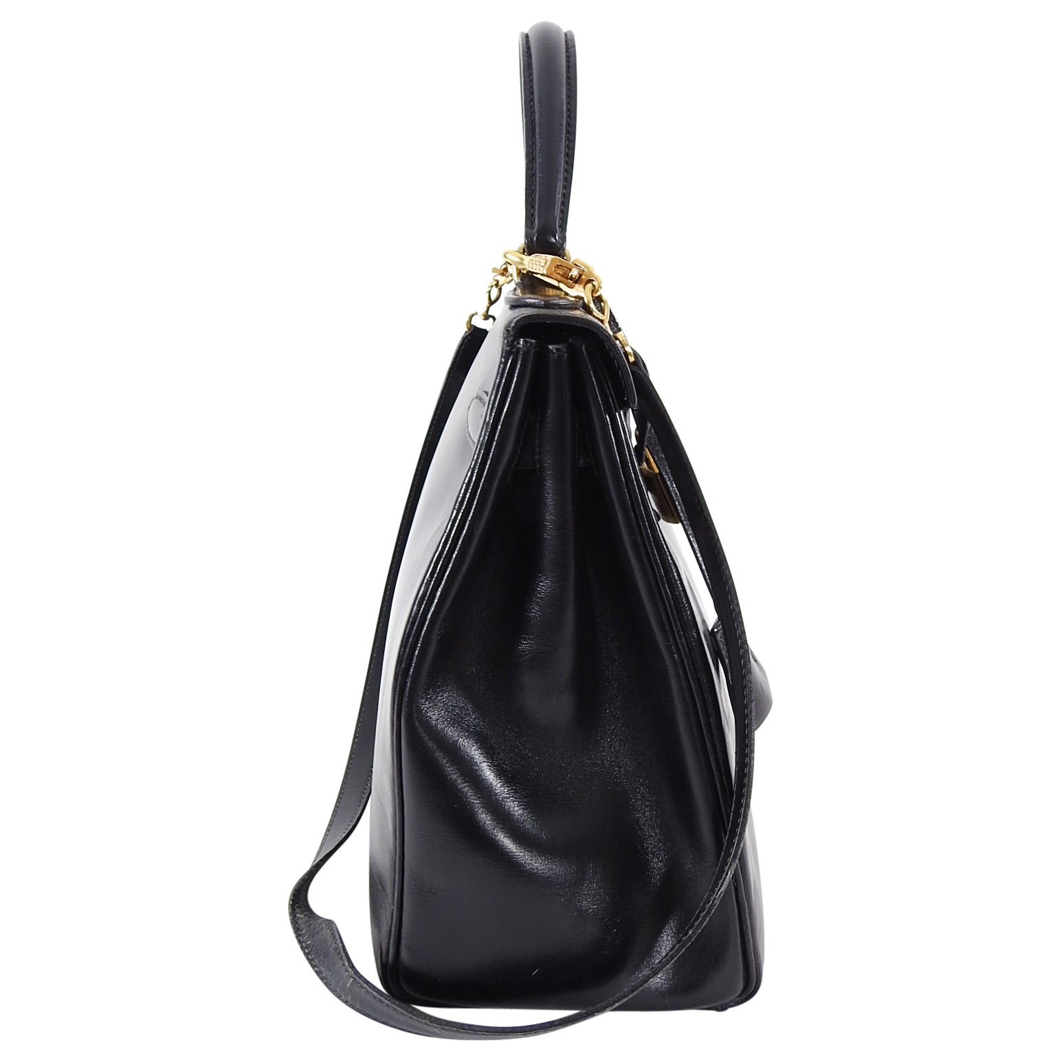 Hermes Vintage 1986 Kelly Retourne 32 Black Box Calf Leather Bag GHW