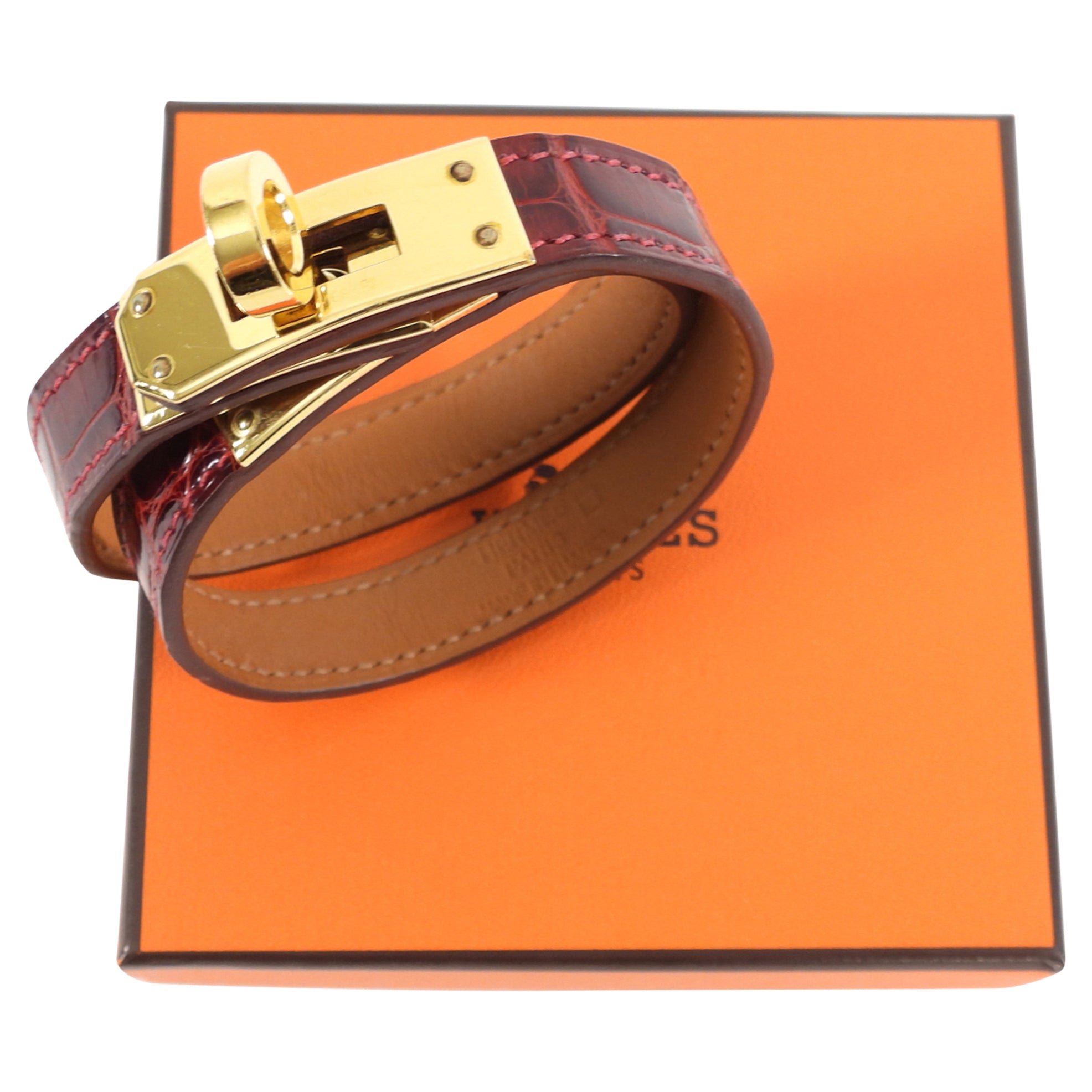 Hermes Bordeaux Crocodile Double Tour Kelly Bracelet - S
