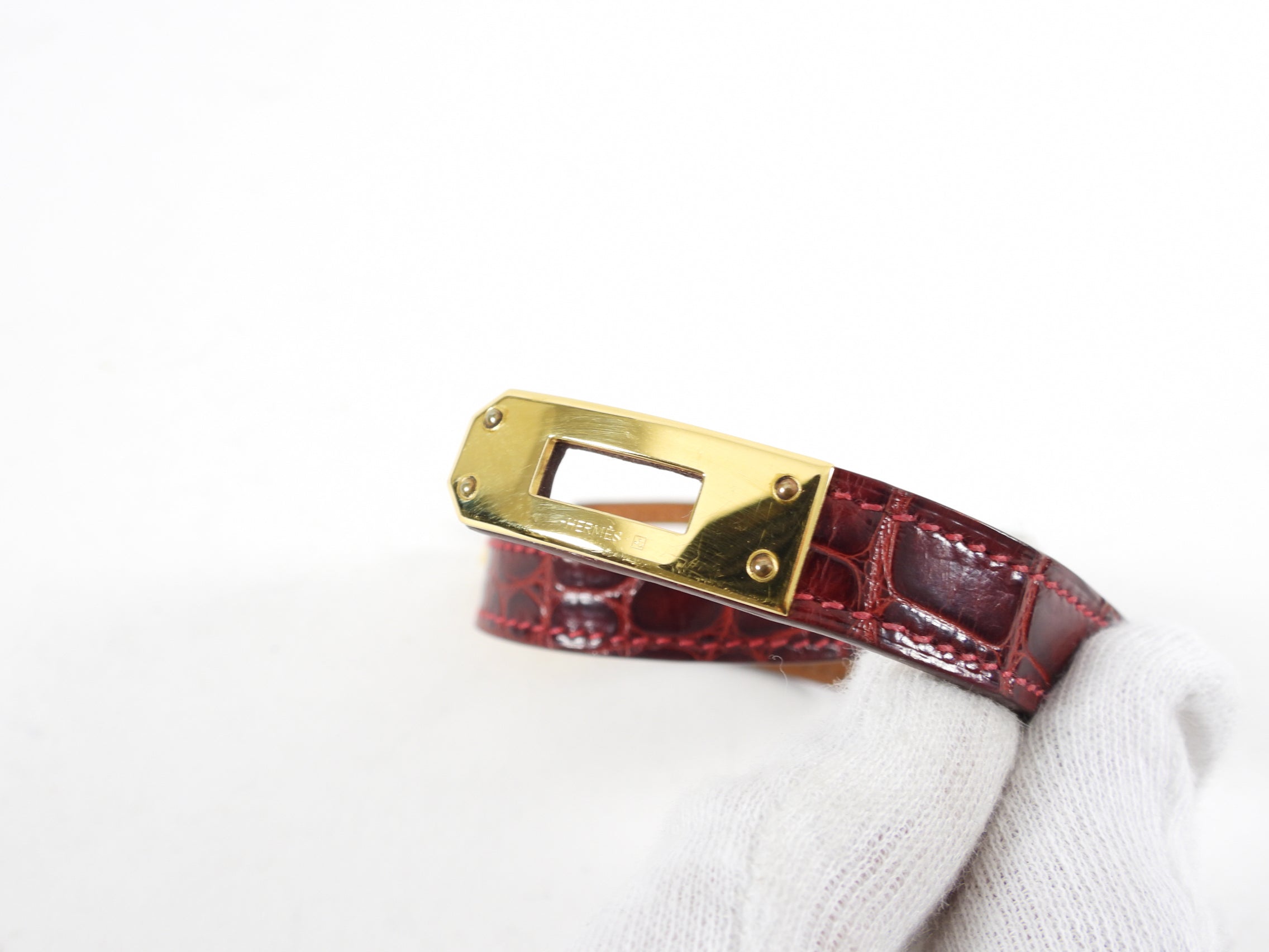 Hermes Bordeaux Crocodile Double Tour Kelly Bracelet - S
