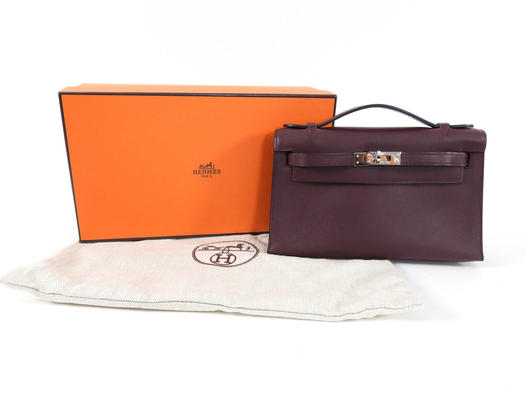 Hermes Kelly Pochette Burgundy Swift Leather SHW