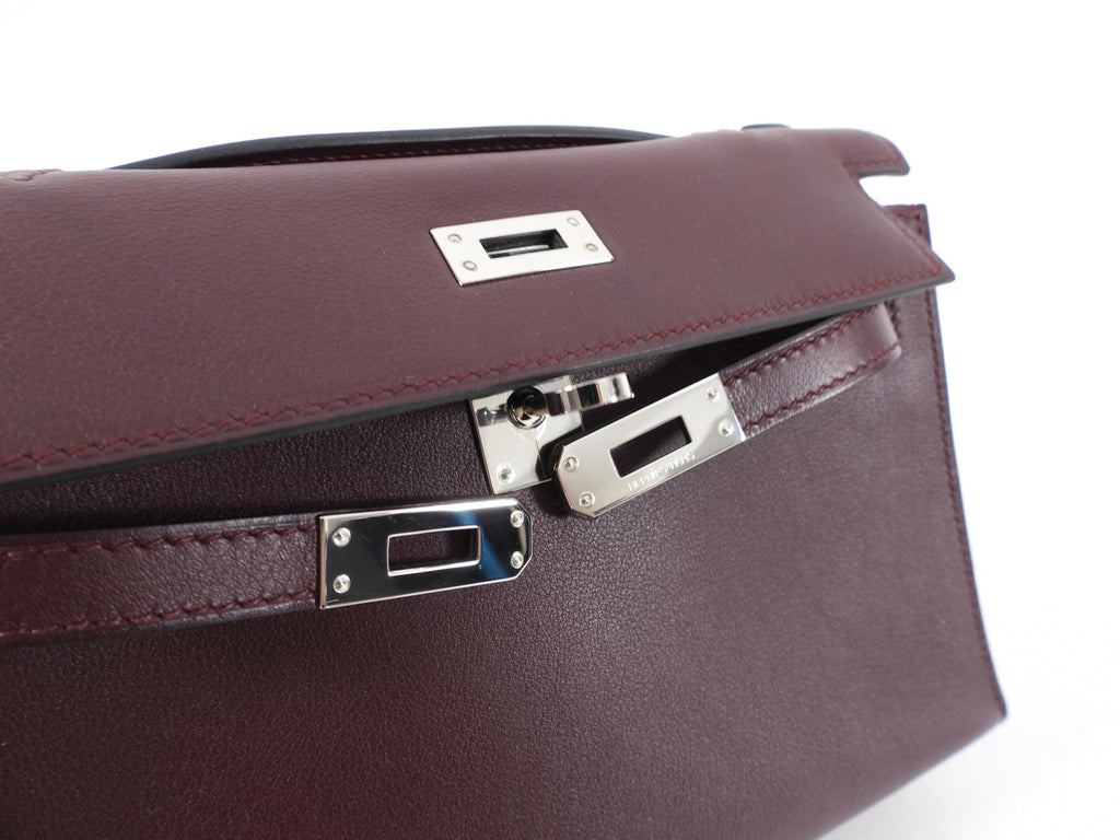 Hermes Kelly Pochette Burgundy Swift Leather SHW