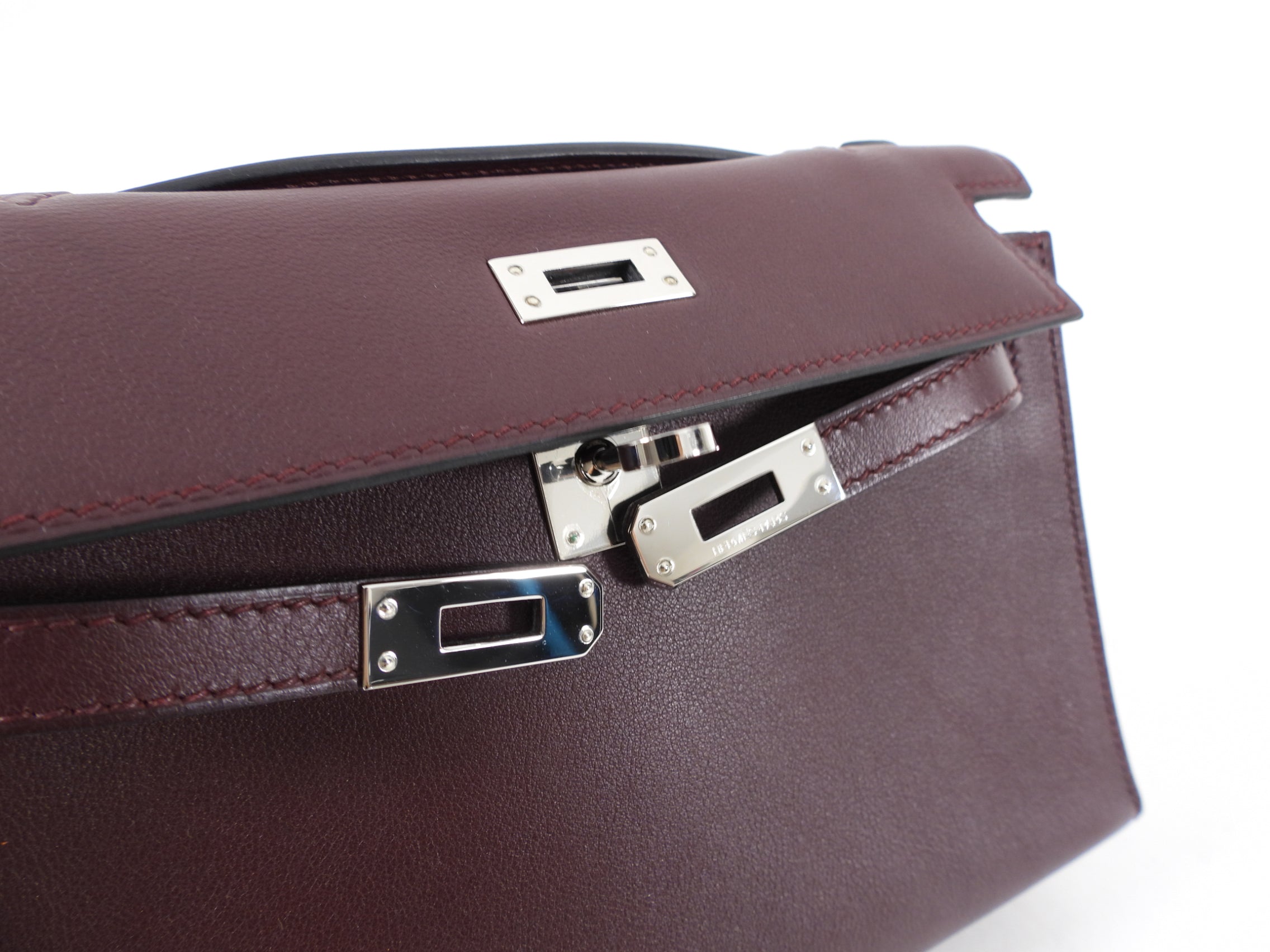 Hermes Kelly Pochette Burgundy Swift Leather SHW