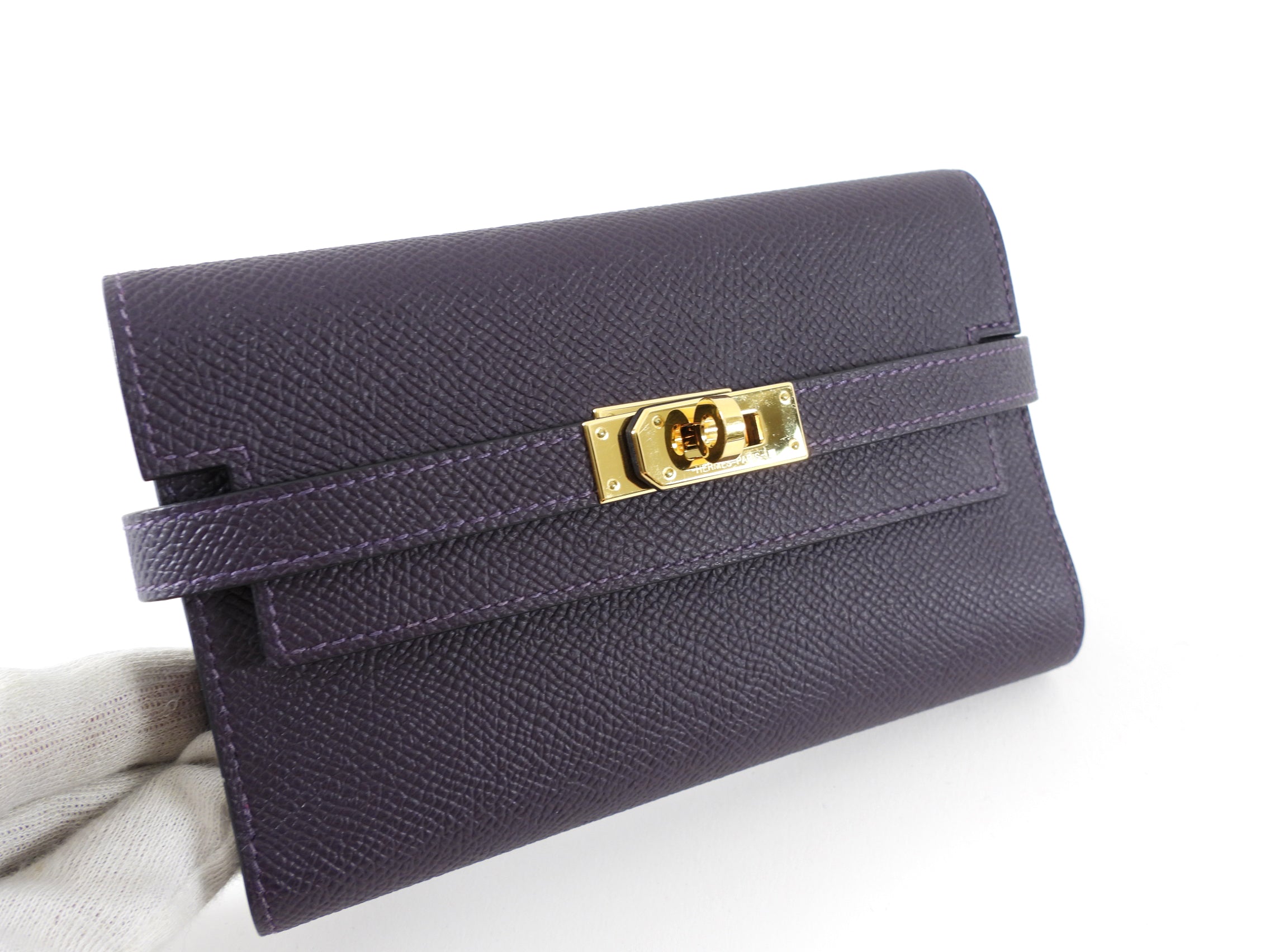 Hermes  Raisin Anemone Epsom GHW Kelly Verso Wallet