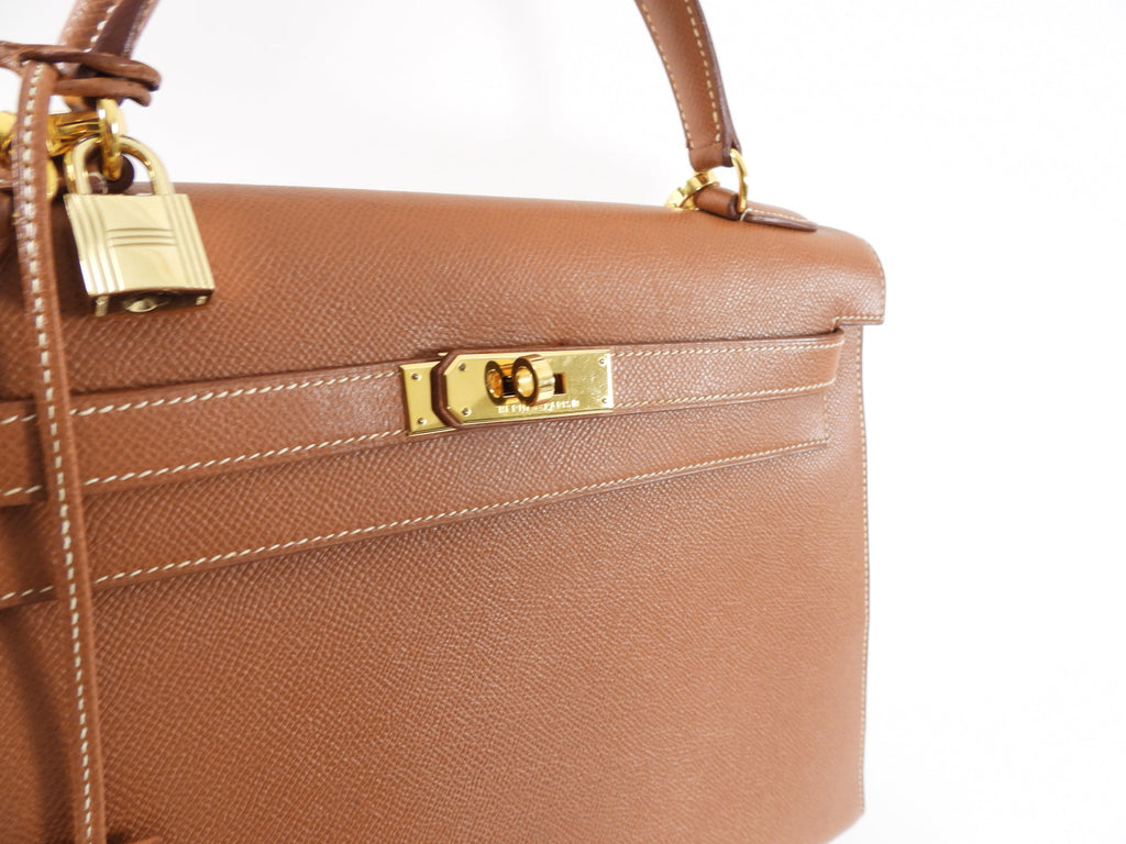 Hermes Vintage 1997 Kelly 32 Gold Courchevel Sellier Bag GHW