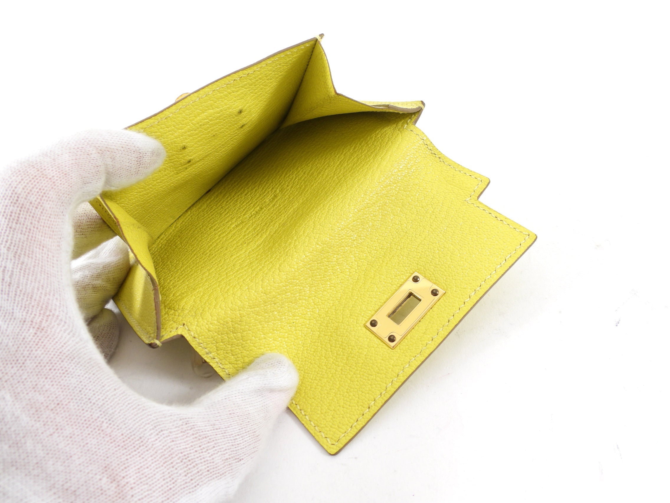 Hermes Lime Chevre Leather Kelly Pocket Compact Wallet GHW