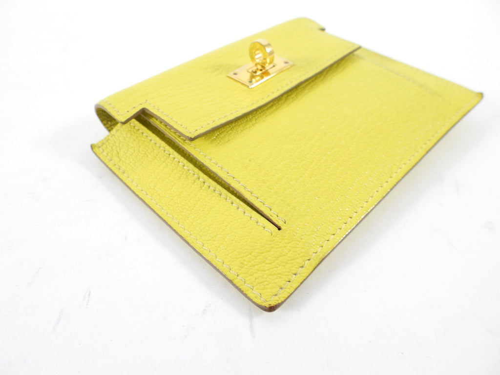 Hermes Lime Chevre Leather Kelly Pocket Compact Wallet GHW