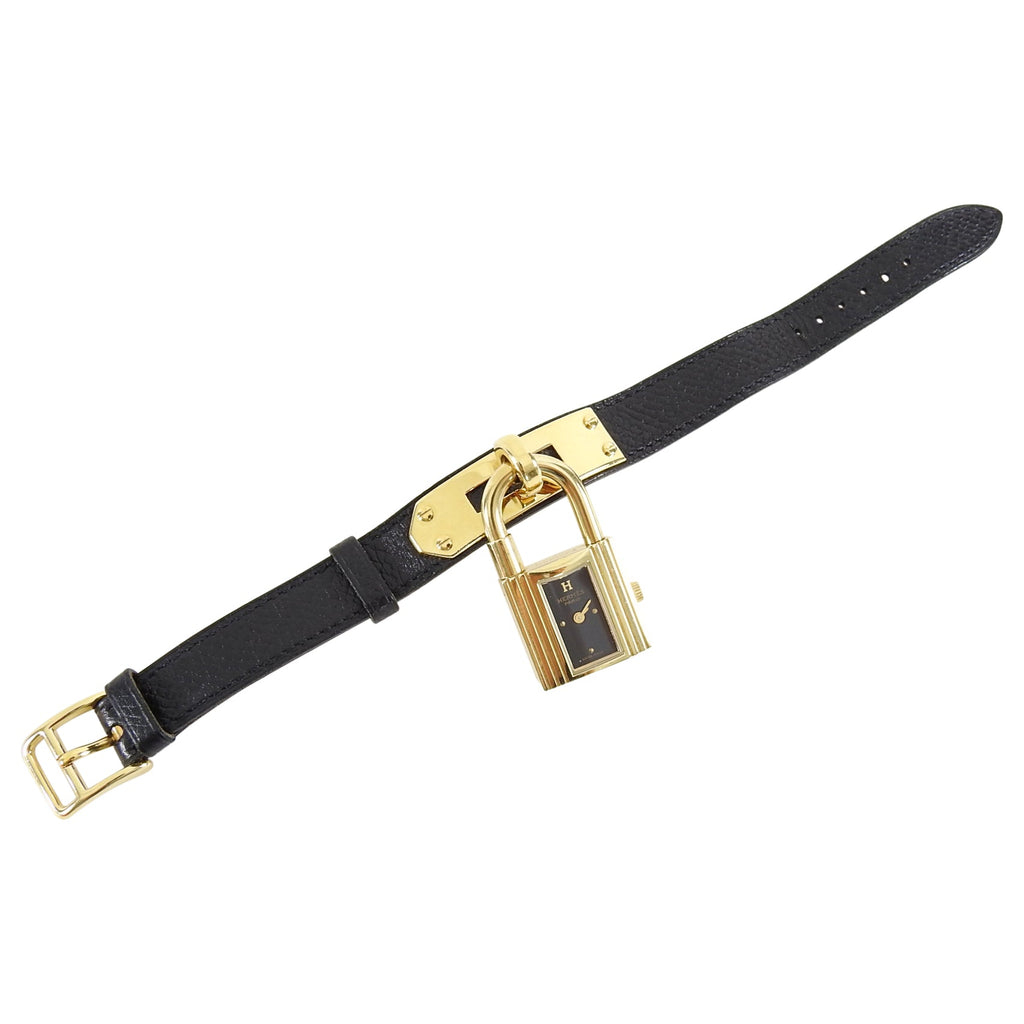 Hermes Vintage 1996 Black Epsom and Gold Kelly Watch