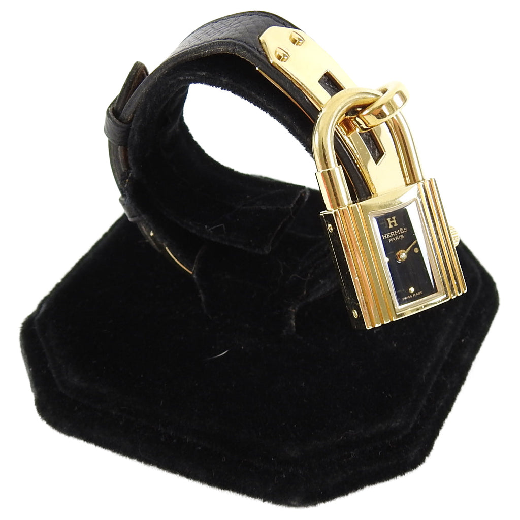 Hermes Vintage 1996 Black Epsom and Gold Kelly Watch
