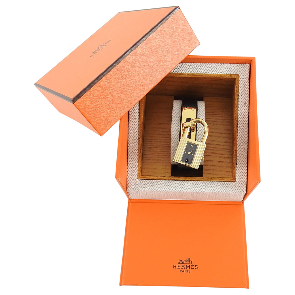 Hermes Vintage 1996 Black Epsom and Gold Kelly Watch
