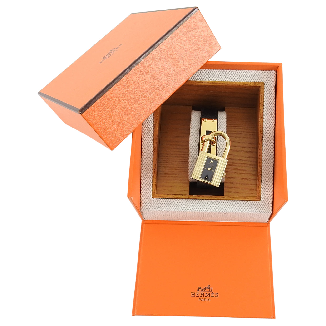 Hermes Vintage 1996 Black Epsom and Gold Kelly Watch