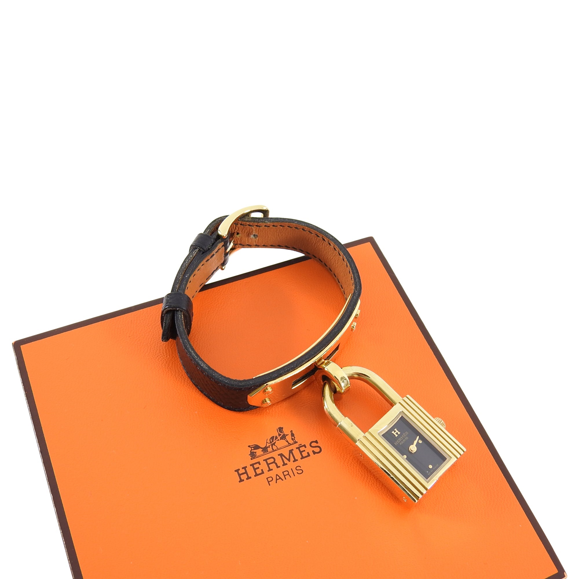 Hermes Vintage 1996 Black Epsom and Gold Kelly Watch