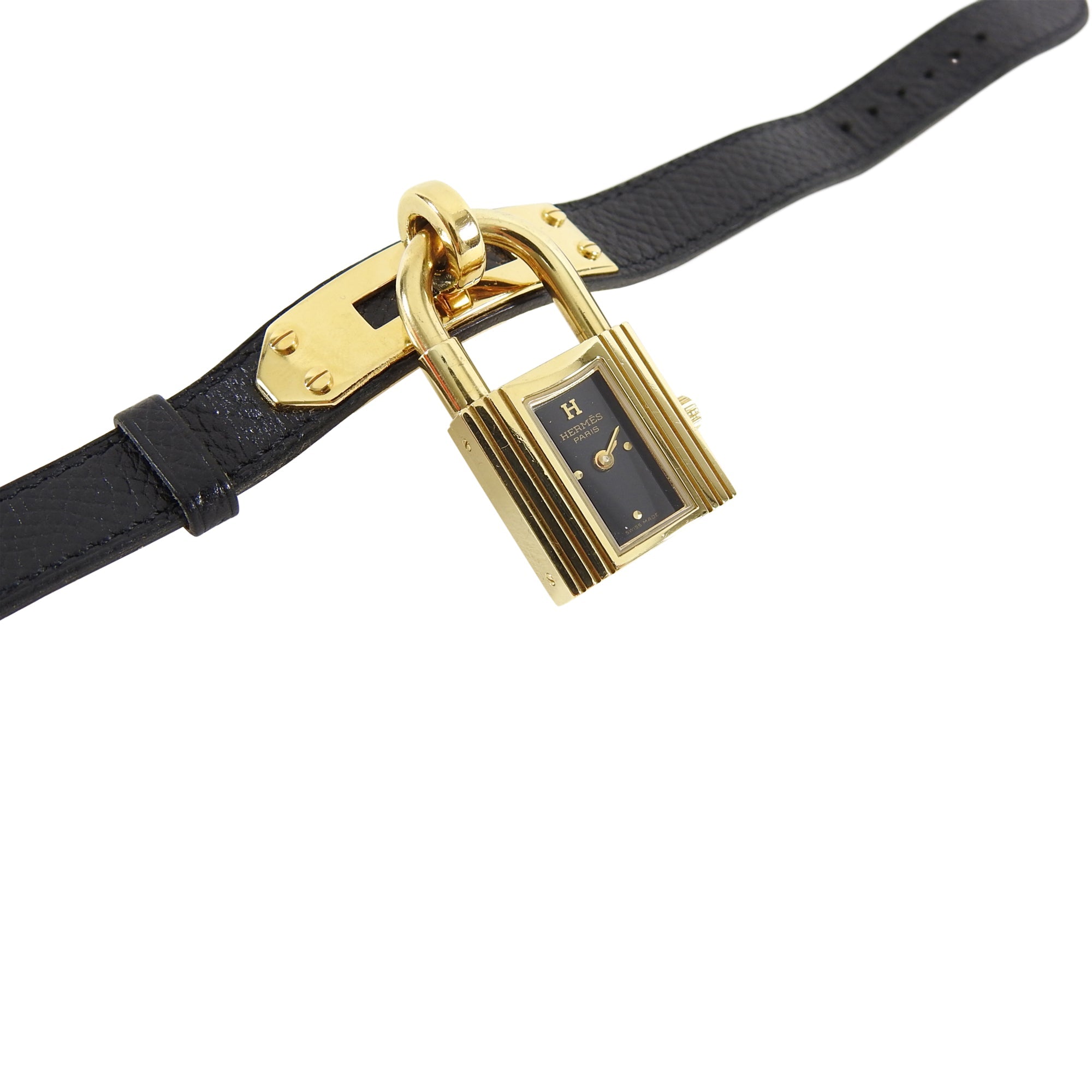 Hermes Vintage 1996 Black Epsom and Gold Kelly Watch