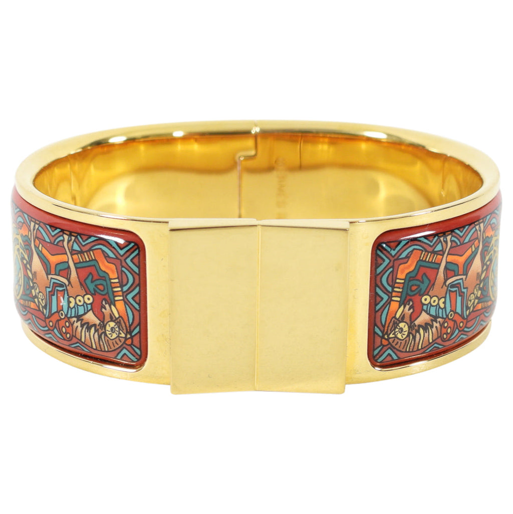 Hermes Vintage Red and Gold Printed Horse Hinge Loquet Bracelet