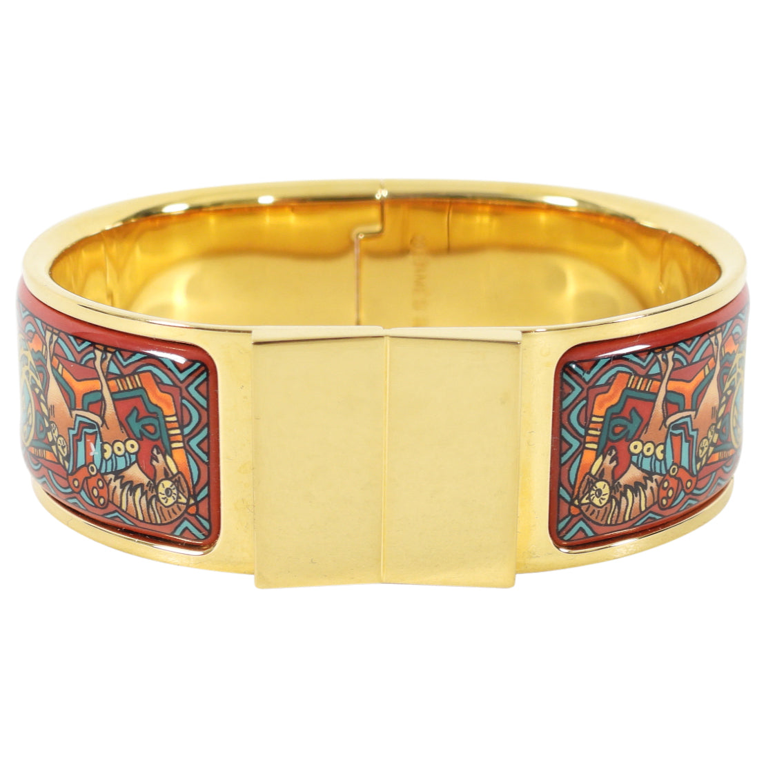 Hermes Vintage Red and Gold Printed Horse Hinge Loquet Bracelet