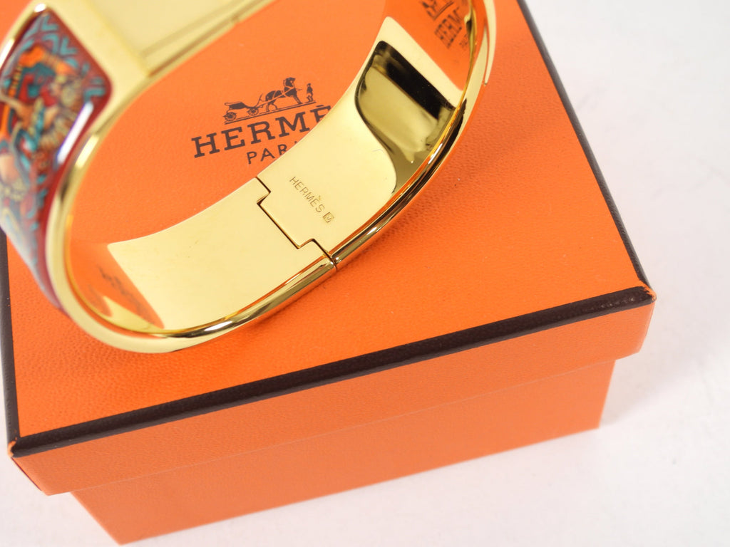 Hermes Vintage Red and Gold Printed Horse Hinge Loquet Bracelet