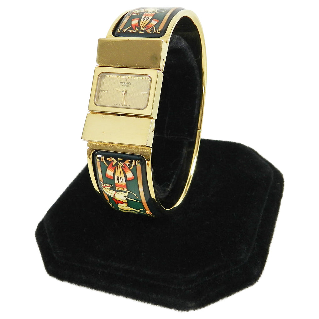 Hermes Vintage Green Enamel and 18k Gold Plated Loquet Watch