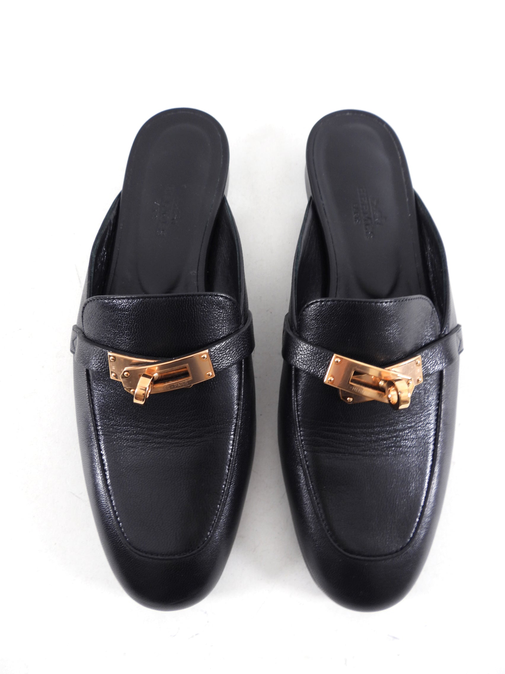 Hermes Black Leather and Rosegold Kelly Oz Mule - 37