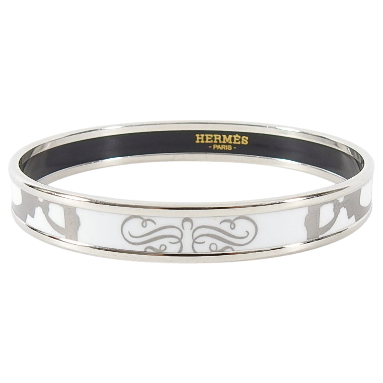 Hermes Printed Enamel Narrow Silver and White Bangle Brides de Gala Tattoo