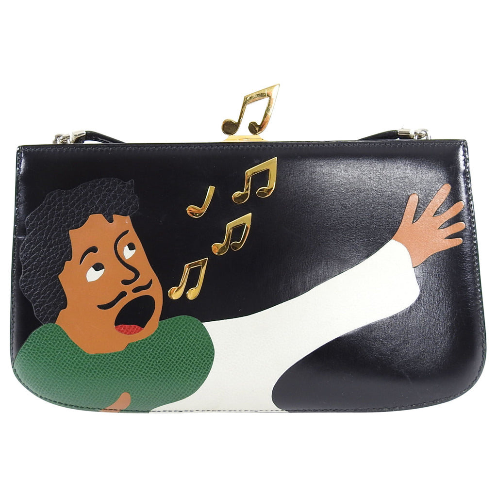 Hermes Vintage 1990 Sac a Malice Black Green Figural Singer Music Bag