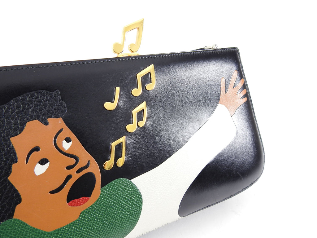 Hermes Vintage 1990 Sac a Malice Black Green Figural Singer Music Bag