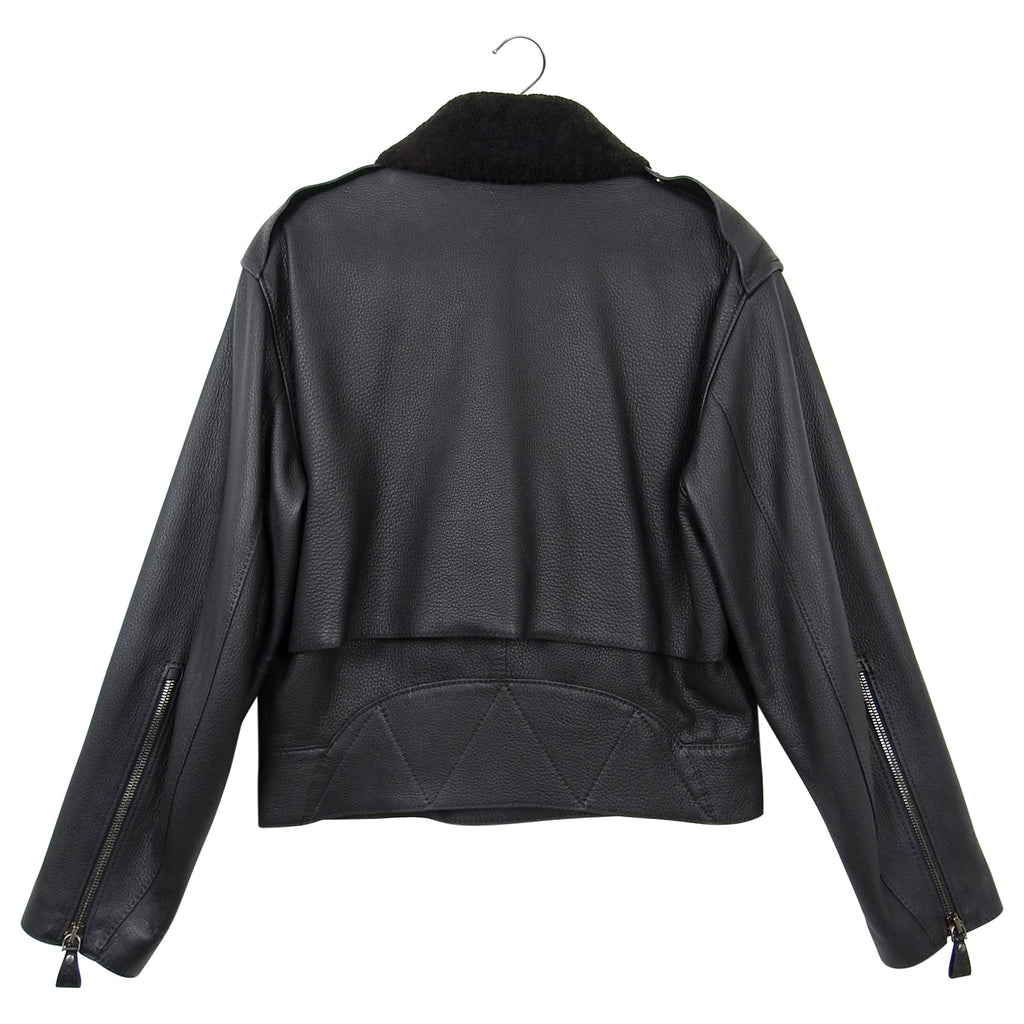 Hermes Black Shearling Collar Leather Biker Jacket - FR38 / USA 6