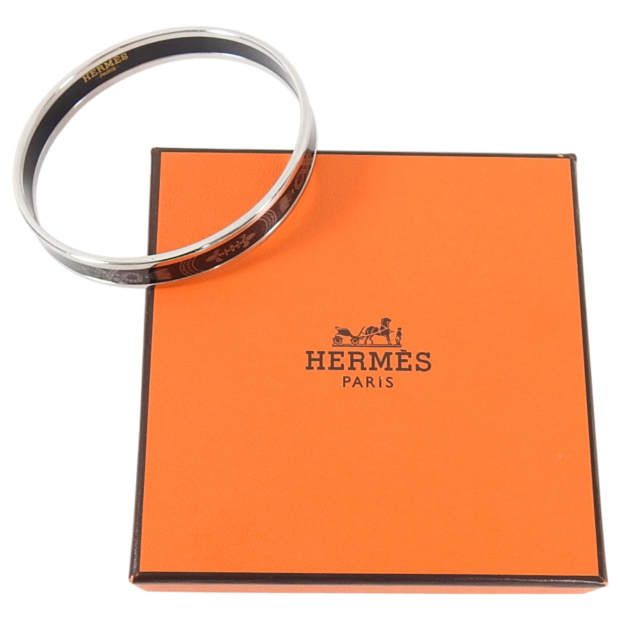 Hermes Printed Enamel Narrow Silver and Black Bangle Grand Apparat 2