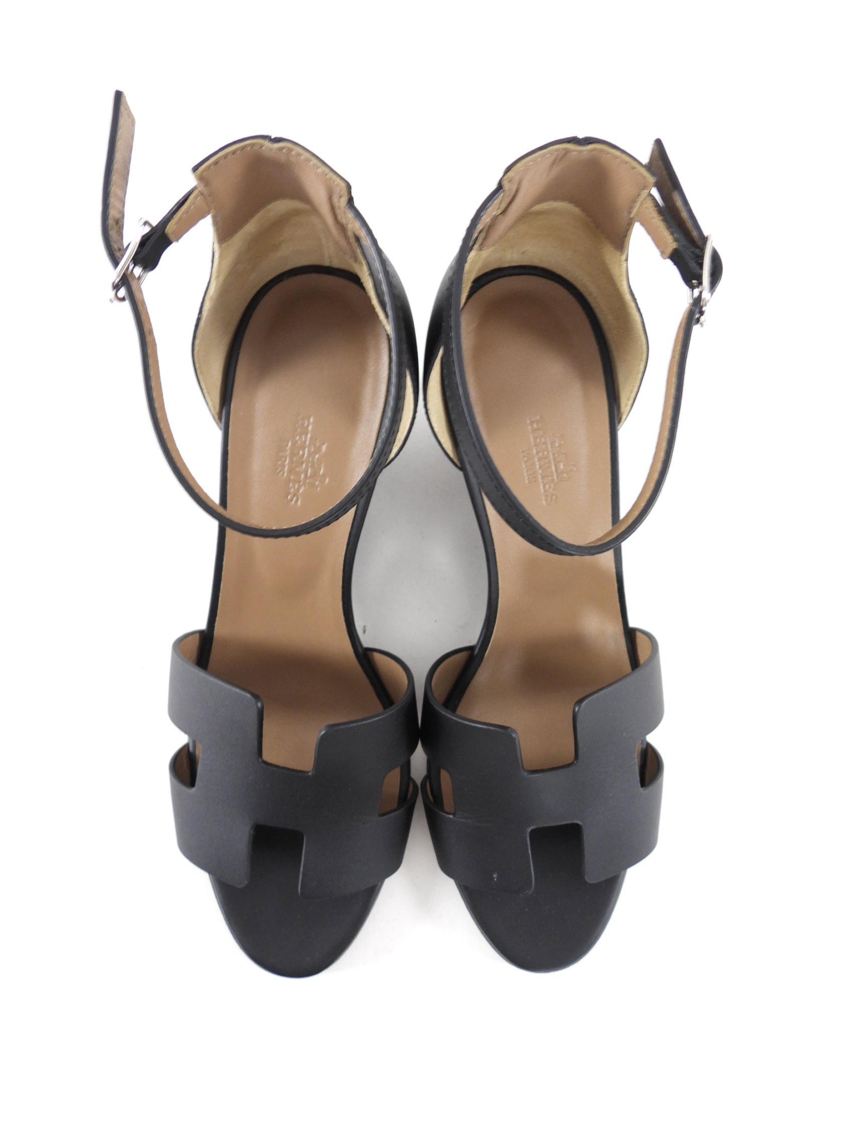 Hermes Black Leather H Legend Wedge Ankle Strap Sandals - 38