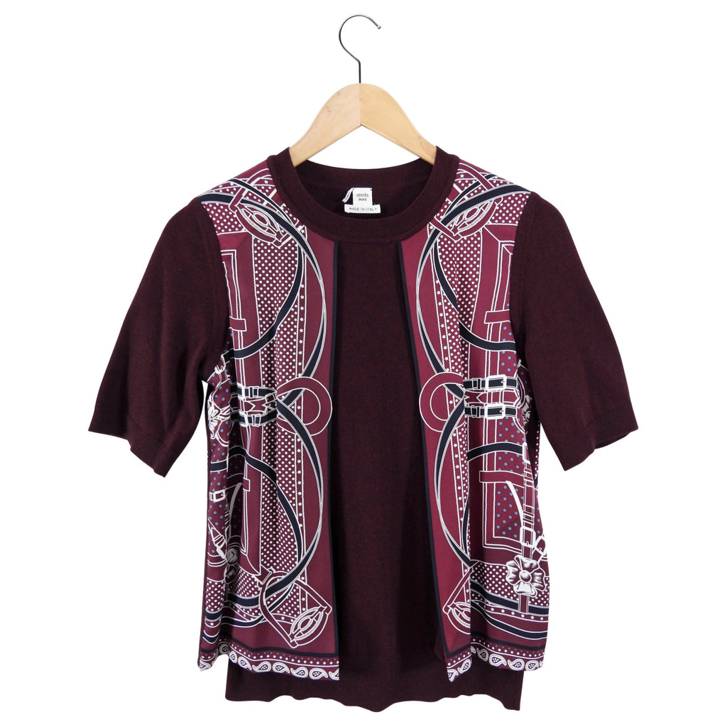 Hermes Burgundy Wool Short Sleeve Silk Inset Sweater - FR34 / FR36