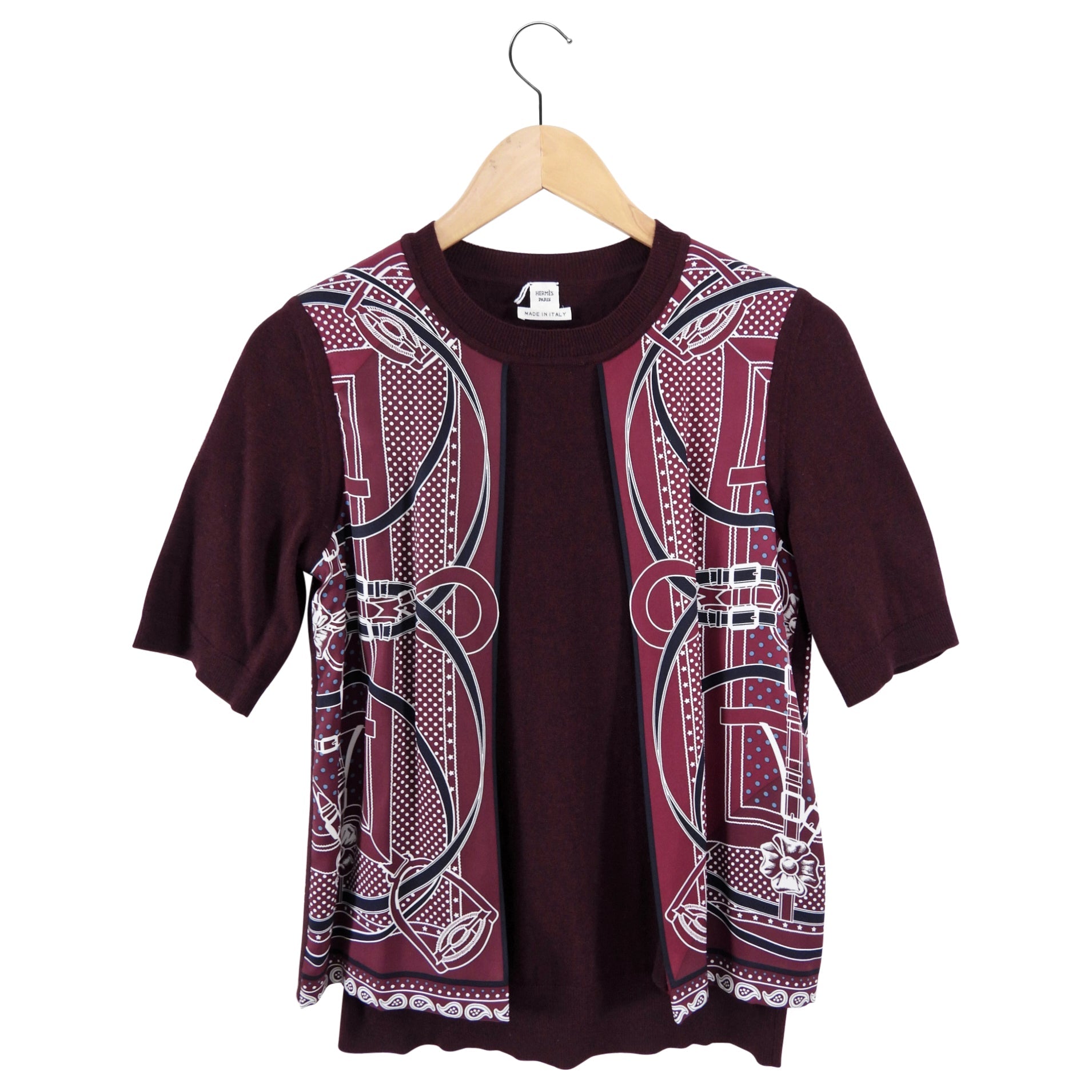 Hermes Burgundy Wool Short Sleeve Silk Inset Sweater - FR34 / FR36