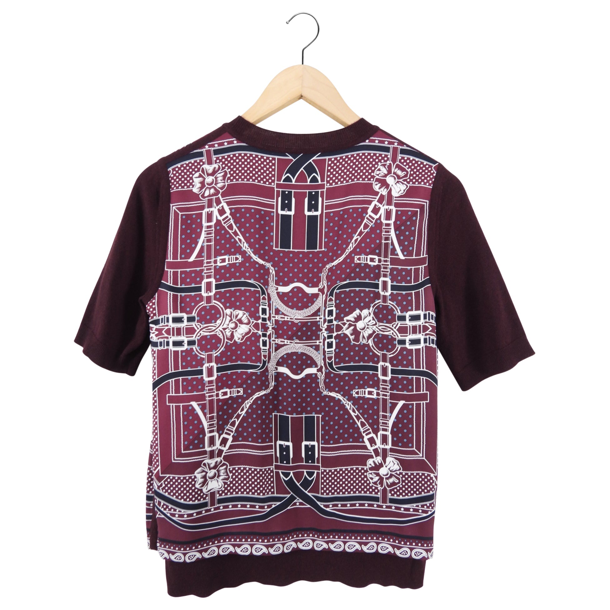 Hermes Burgundy Wool Short Sleeve Silk Inset Sweater - FR34 / FR36