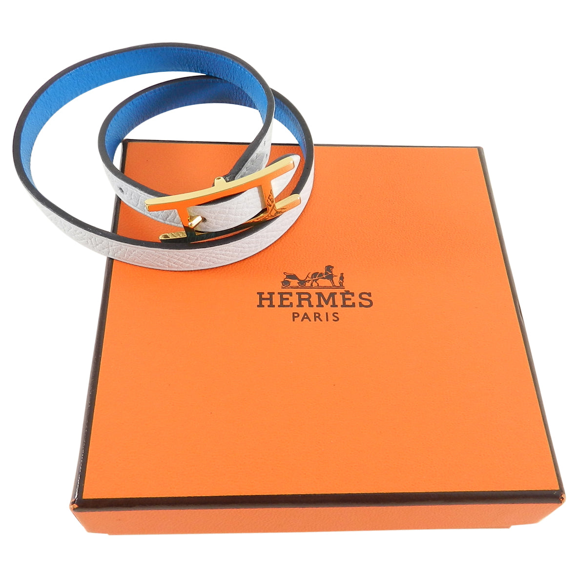 Hermes Behapi Double Tour Bracelet in Bleu Brighton and Blanc