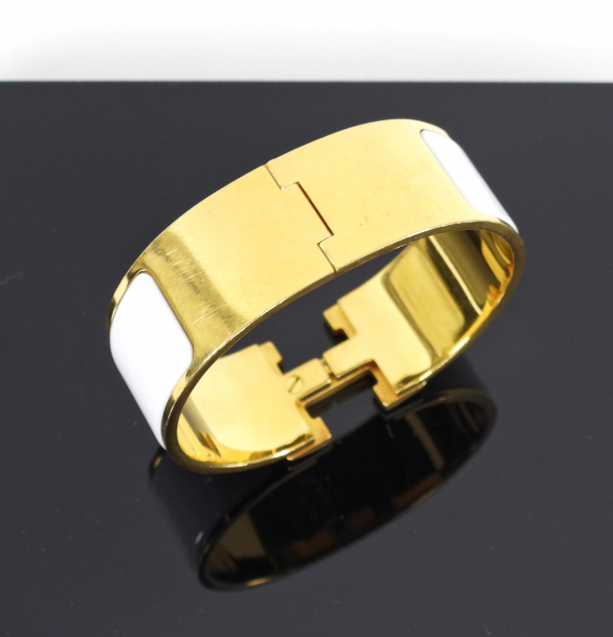 Hermes Clic Clac H White and Gold GM Wide Bracelet