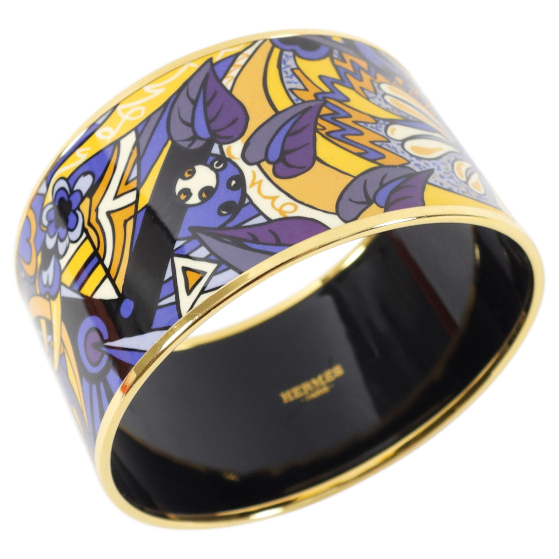 Hermes Extra Wide Printed Purple Yellow Floral Bangle Bracelet