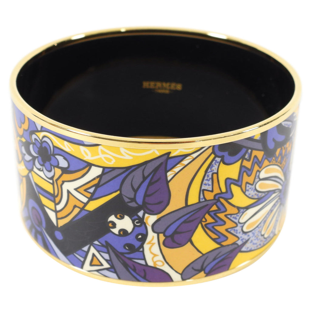 Hermes Extra Wide Printed Purple Yellow Floral Bangle Bracelet